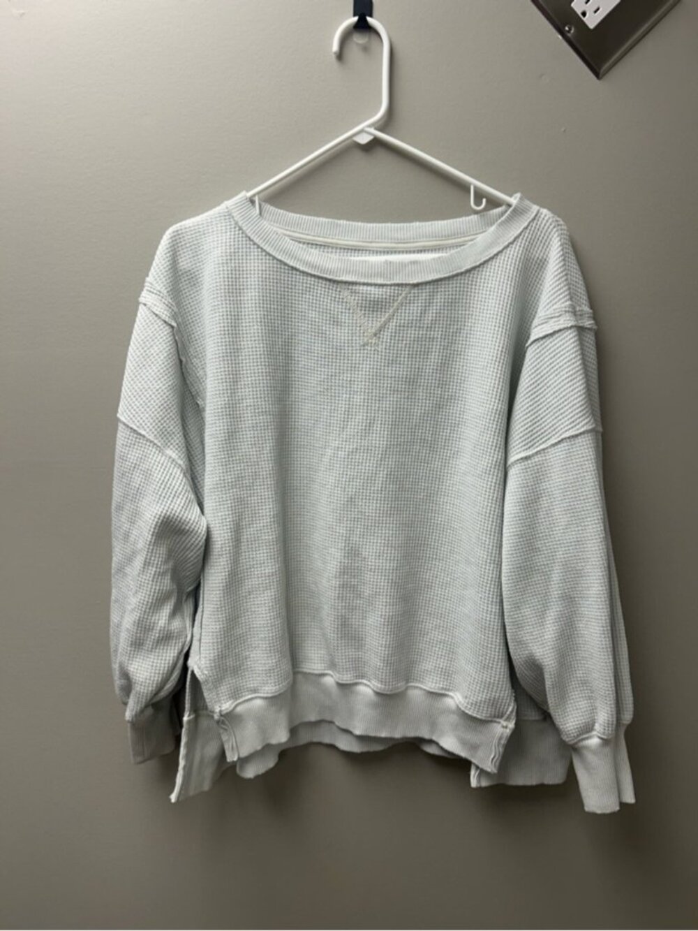 American Eagle ‘This‎ Feels Seriously Lived In’ Light Blue Waffleknit Crewneck